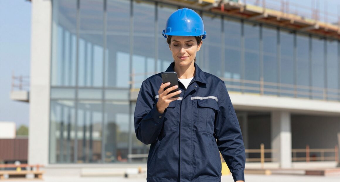 Bauleiterin mit blauem Schutzhelm und dunkelblauer Arbeitsjacke schaut beim Gang über die Baustelle auf ihr Smartphone