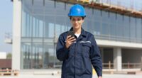 Bauleiterin mit blauem Schutzhelm und dunkelblauer Arbeitsjacke schaut beim Gang über die Baustelle auf ihr Smartphone