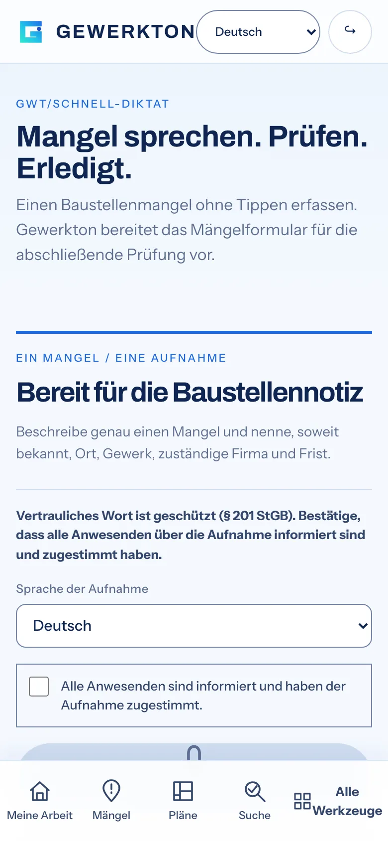 Schnell-Diktat in der Gewerkton-Web-App auf dem Telefon: Überschrift „Mangel sprechen. Prüfen. Erledigt.“, Hinweis zur Einwilligung nach § 201 StGB und Auswahl der Aufnahmesprache