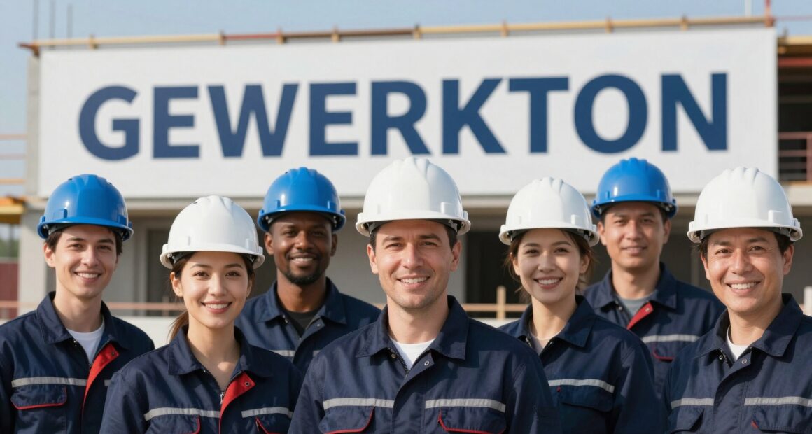 Gruppenbild auf einer Baustelle: acht Personen in dunkelblauer Arbeitskleidung mit blauen und weißen Helmen vor einem Bauschild mit dem Schriftzug GEWERKTON