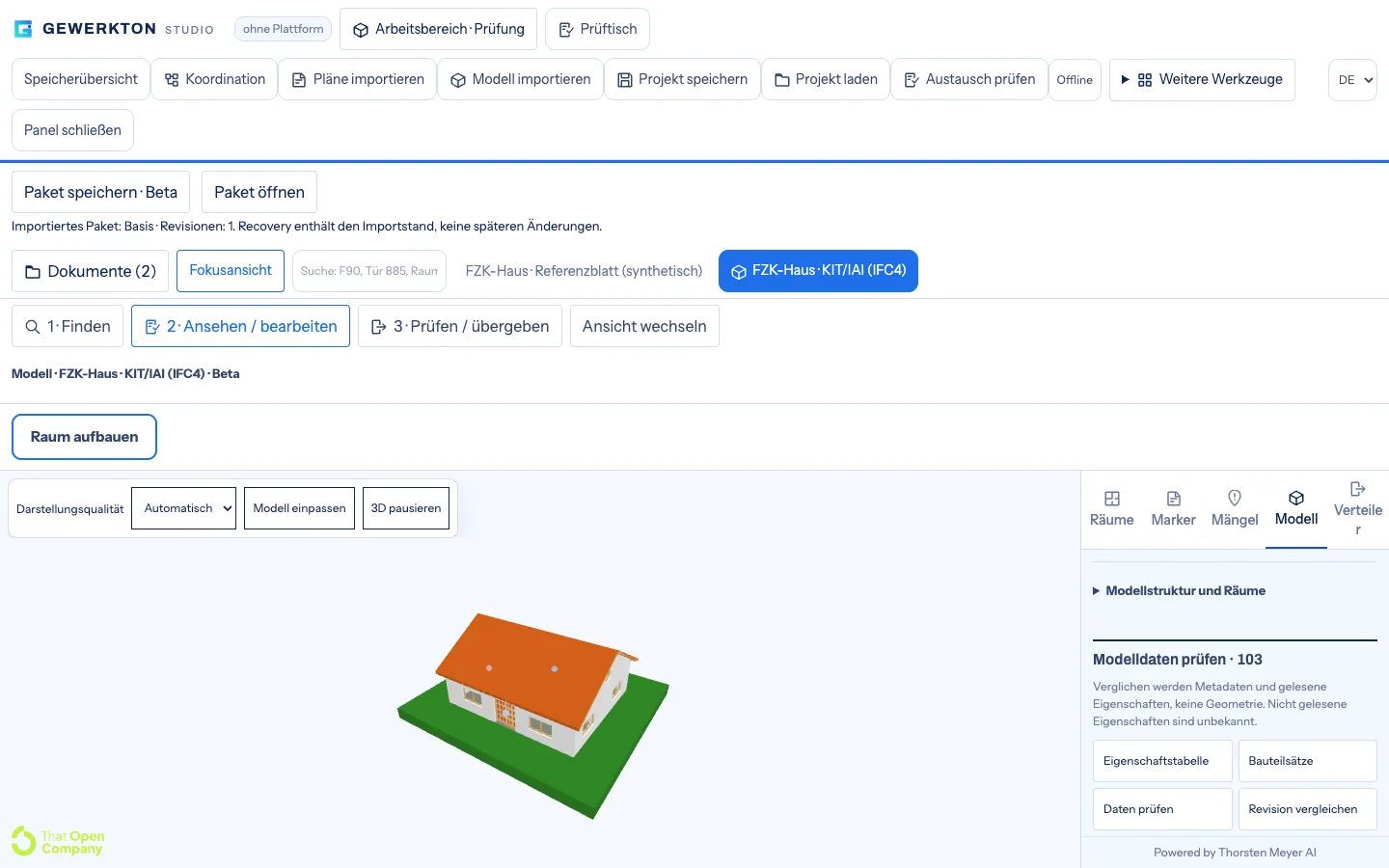 Gewerkton Studio mit dem IFC-Modell eines kleinen Einfamilienhauses in 3D, Mangel-Pins über dem Dach und rechts der Bereich Modelldaten prüfen