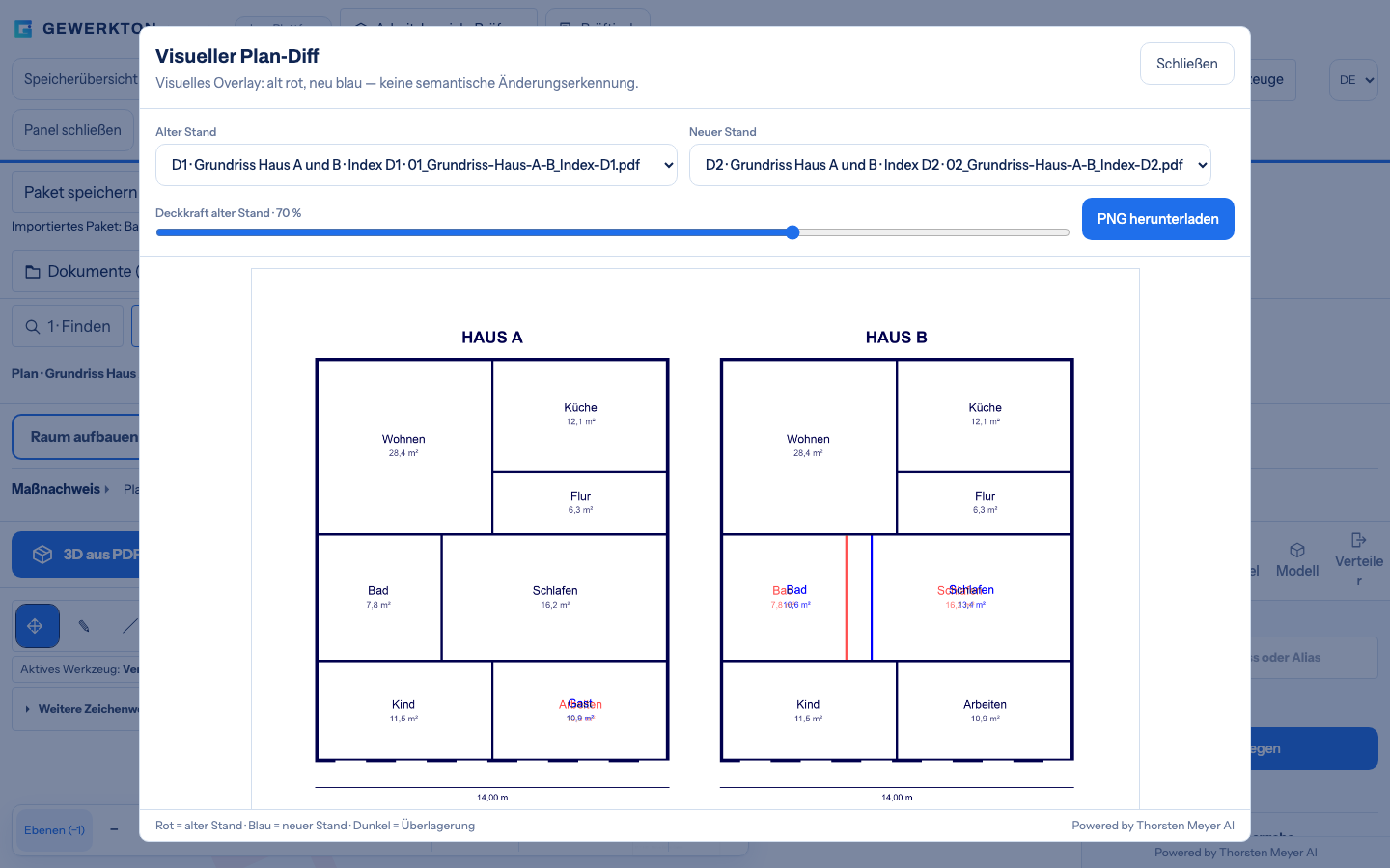 Visueller Plan-Diff in Gewerkton Studio: Grundriss Haus A und Haus B, alter Planstand rot und neuer blau übereinandergelegt, mit Regler für die Deckkraft und Knopf PNG herunterladen